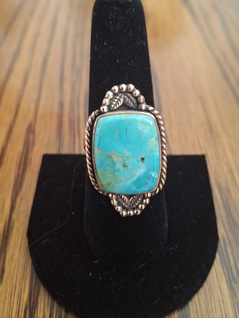 Ring Large Turquoise Stone Set In Copper Frame And Adjustable Band 7-8-9 - Picture 1 of 5